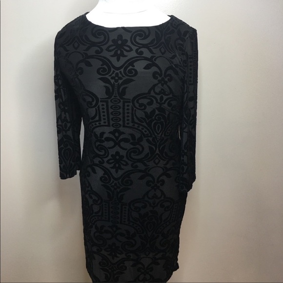 💓Black burn-out stretch velour knee-length sheath dress/tunic w/3/4 bell … - Picture 3 of 6